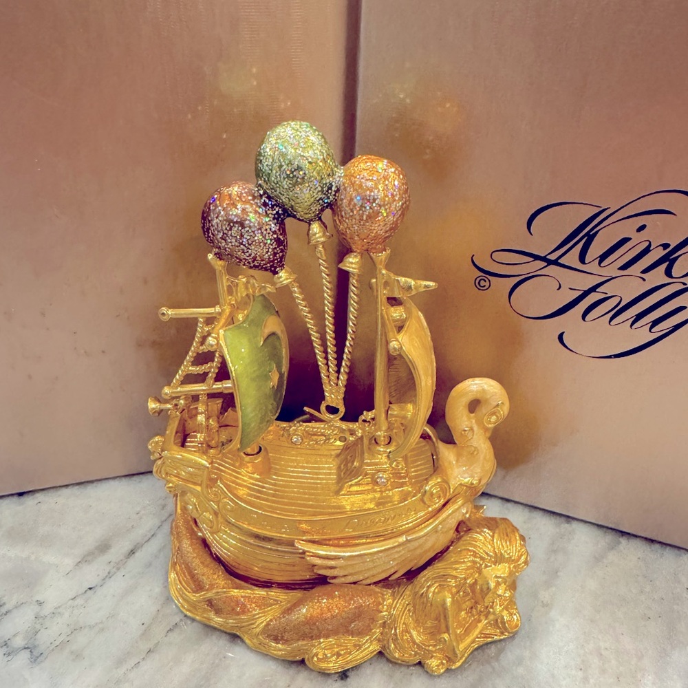 Kirks Folly Ship Of Dreams Trinket Box Mermaid Dolphins Balloons Glitter